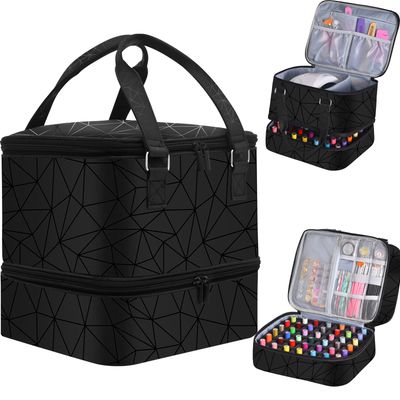FCQQYWZ Nail Polish Organizer Case - Holds 42 Bottles (15ml0.5 fl.oz) and 1 Nail Lamp, Upgraded Double-layer Nail Polish Carrying Case Nail Polish Storage Bag with Handles (Black)