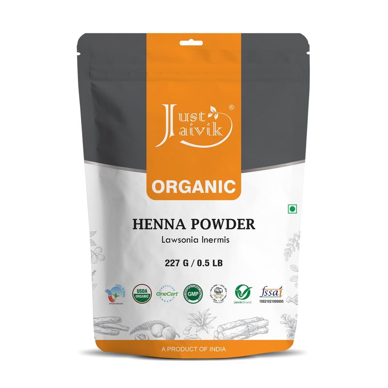 Just Jaivik Henna Powder (Lawsonia Inermis) for Hair - 100% Natural, USDA Certified Organic by OneCert Asia, No Chemicals or Additives, 227 Gms  0.5 LB 8 Oz