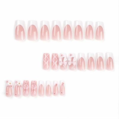 Foccna Press on Nails Medium Long Rhinestone Pink Fake Nails Square Bling Glossy 3D Flower False Nail Tips Artificial Nails Finger Manicure for Women and Girls-24pcs