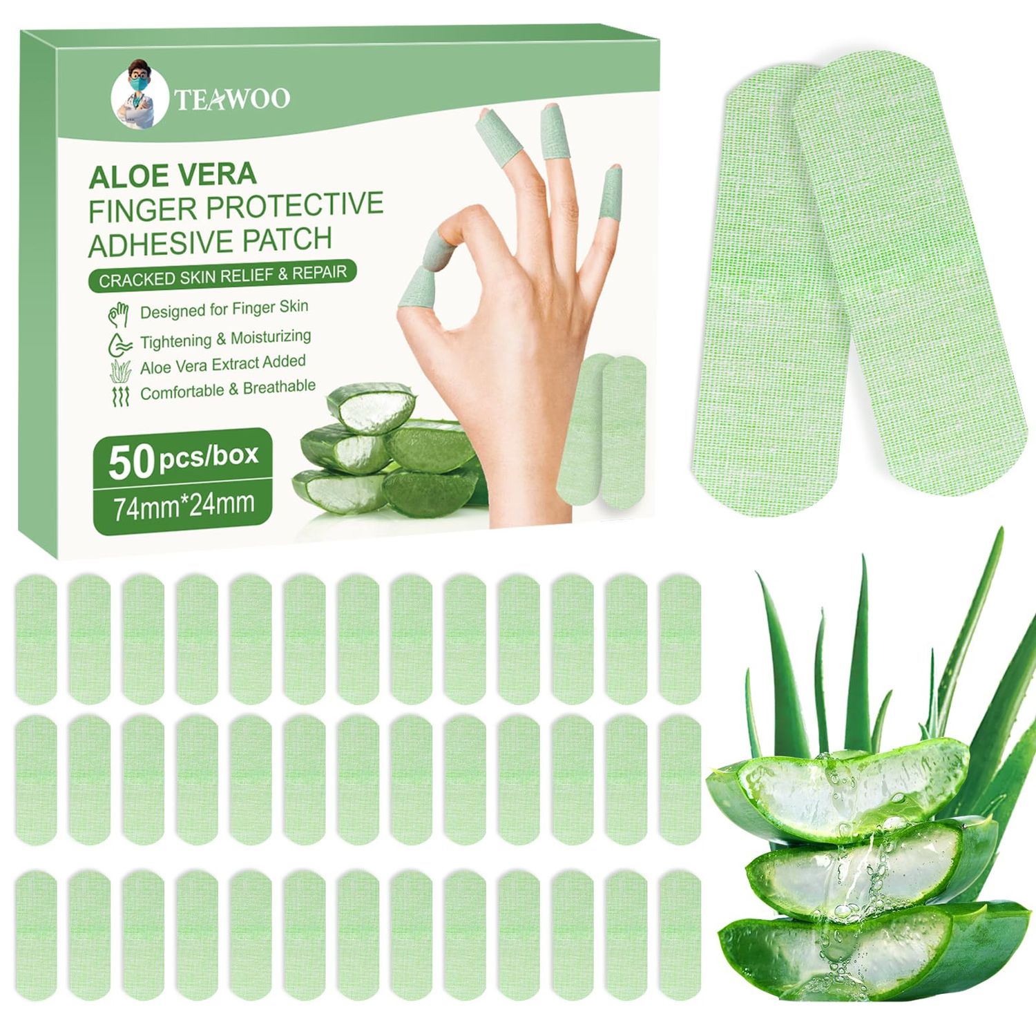 TEAWOO 50PCS Aloe Vera Cracked Hands Treatment Patches, Dry Cracked Hands Repair Bandage