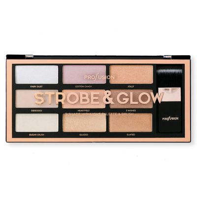 Profusion Cosmetics Artistry Strobe and Glow 9 Shade Highlight Palette with Brush, Shimmering Highlighter for Bold Sparkling Looks