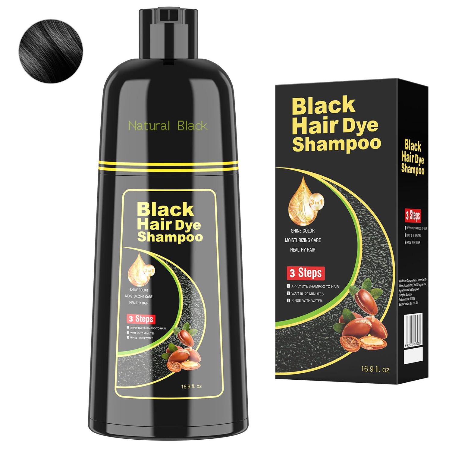 BELEZALIB Black Hair Dye Shampoo for Woman &amp; Man, Argan Hair Color Shampoo 3 in 1, Semi-Permanent Gray Hair Coverage, Mild Formula, Lasts 30 Days(16.90 oz)