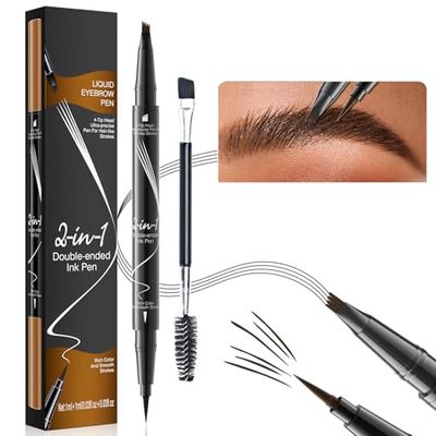 Microblading Eyebrow Pen Brow Pencil Waterproof Eyebrow Pen 2-in-1 Dual-Ended Eyebrow Pencil with 4-Fork Tip &amp; Precise Brush-Tip for Long-Lasting Hairlike Eyebrow Pen, Dark Brown