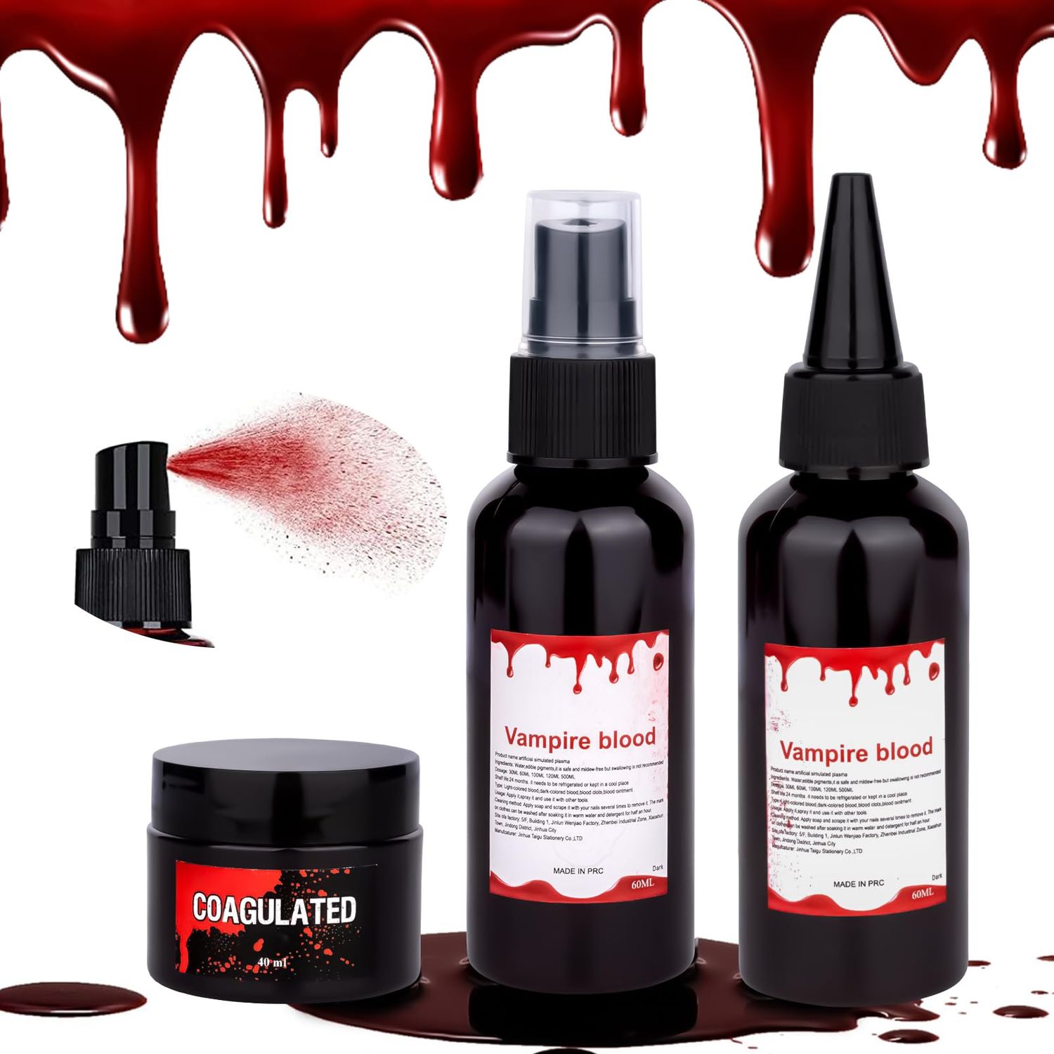 Halloween Fake Blood Makeup Kit 5.44oz, Realistic Fresh Red Faux Blood Spray Washable for Cosplay Party Zombie Vampire Monster, 3Pcs