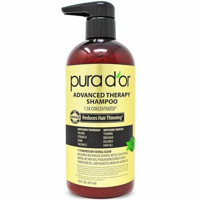 PURA D&#39;OR 16 Oz Advanced Therapy Shampoo Reduces Hair Thinning &amp; Increases Volume, No Sulfate, Biotin Shampoo Infused with Argan Oil, Aloe Vera for All Hair Types, Men &amp; Women