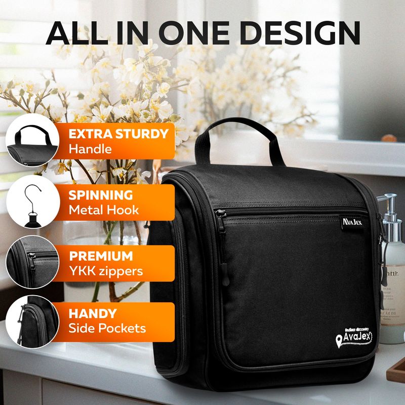 Travel Toiletry Bag for Men and Women - Large Hanging Toiletry Organizer - Waterproof Hygiene Bag with Metal XXL Swivel Hook, with YKK Zippers and 19 Compartments for Toiletries, Makeup, Cosmetics