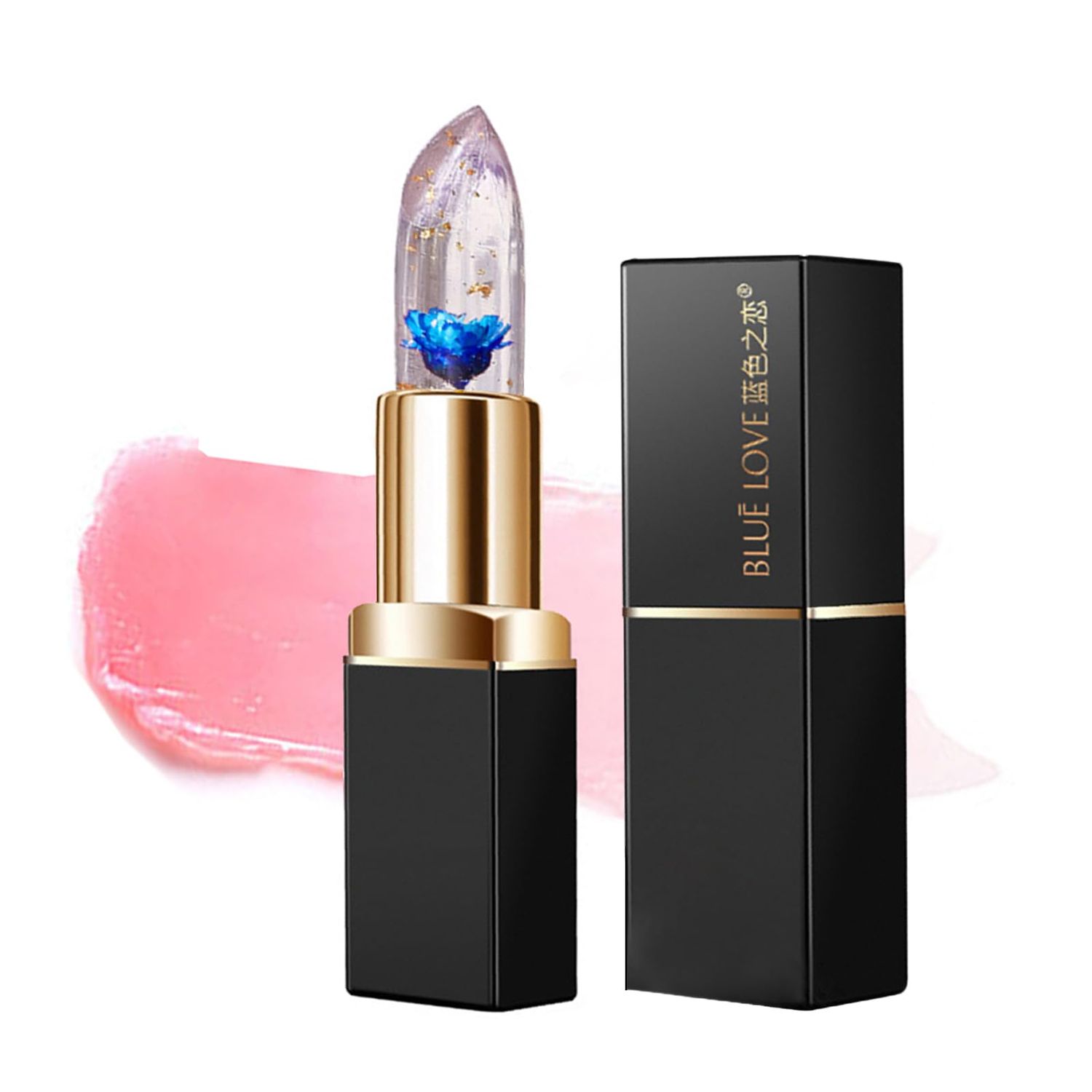 BLUE LOVE Color Changing Flower Lipstick, Jelly Temperature Change Clear Lipstick with Flower Inside, Hydrating Moistrurizer Lip Balm Long Lasting Chapstick Nourishing Lip Gloss for Dry Lips (Blue)
