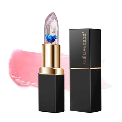 BLUE LOVE Color Changing Flower Lipstick, Jelly Temperature Change Clear Lipstick with Flower Inside, Hydrating Moistrurizer Lip Balm Long Lasting Chapstick Nourishing Lip Gloss for Dry Lips (Blue)