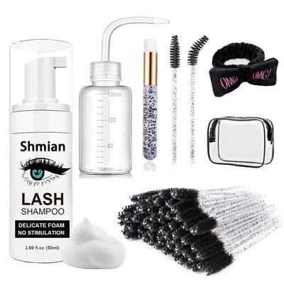 Shmian 60ml Lash Shampoo - Lash Cleaning Shampoo Kits, Shampoo for Lash Extension &amp; Home Salon Care, 50Pcs Mascara Brushes Nose BrushRinse Wash BottleSpa HeadWand, Lash Mousse for Eyelash Cleansing