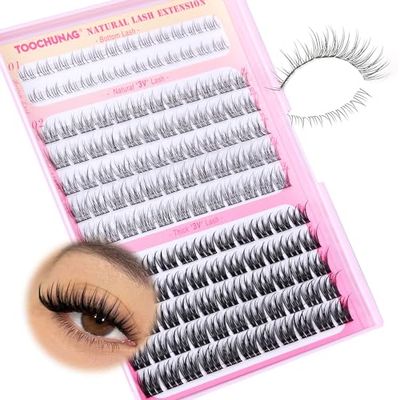 TOOCHUNAG Wispy Lash Clusters with Bottom Lashes 3D Natural Lash Extension 9-12mm CC Curl Eyelash Clusters DIY Cluster Eyelash Extensions at Home Thin Band Lightweight Everyday Lashes Clusters