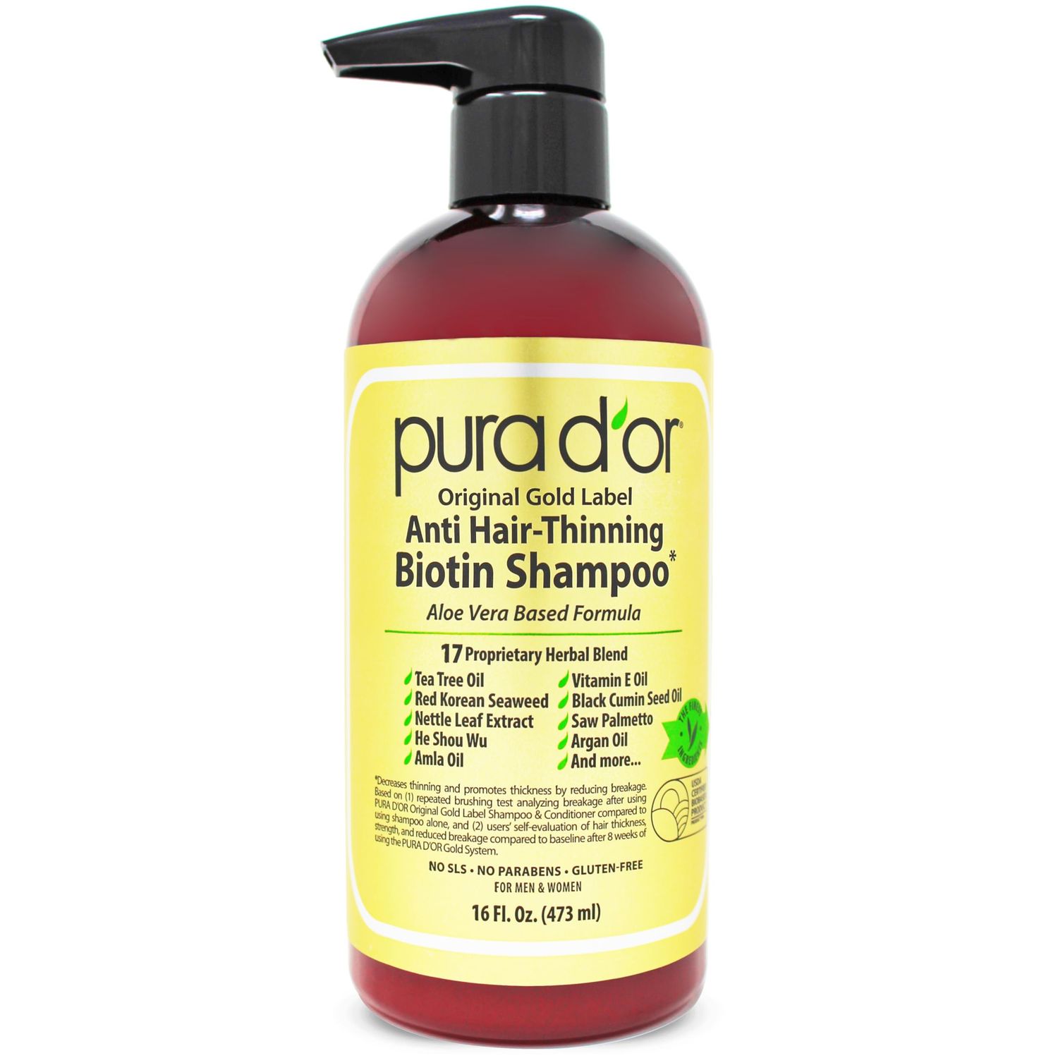 PURA D&#39;OR 16 Oz Original Gold Label Anti-Thinning Biotin Shampoo Natural Earthy Scent, CLINICALLY TESTED Effective Results, Herbal DHT Blocker Hair Thickening Products, Women &amp; Men, Color Treated Hair