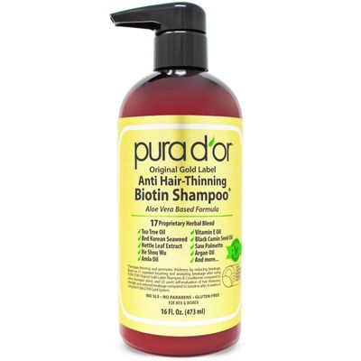 PURA D&#39;OR 16 Oz Original Gold Label Anti-Thinning Biotin Shampoo Natural Earthy Scent, CLINICALLY TESTED Effective Results, Herbal DHT Blocker Hair Thickening Products, Women &amp; Men, Color Treated Hair