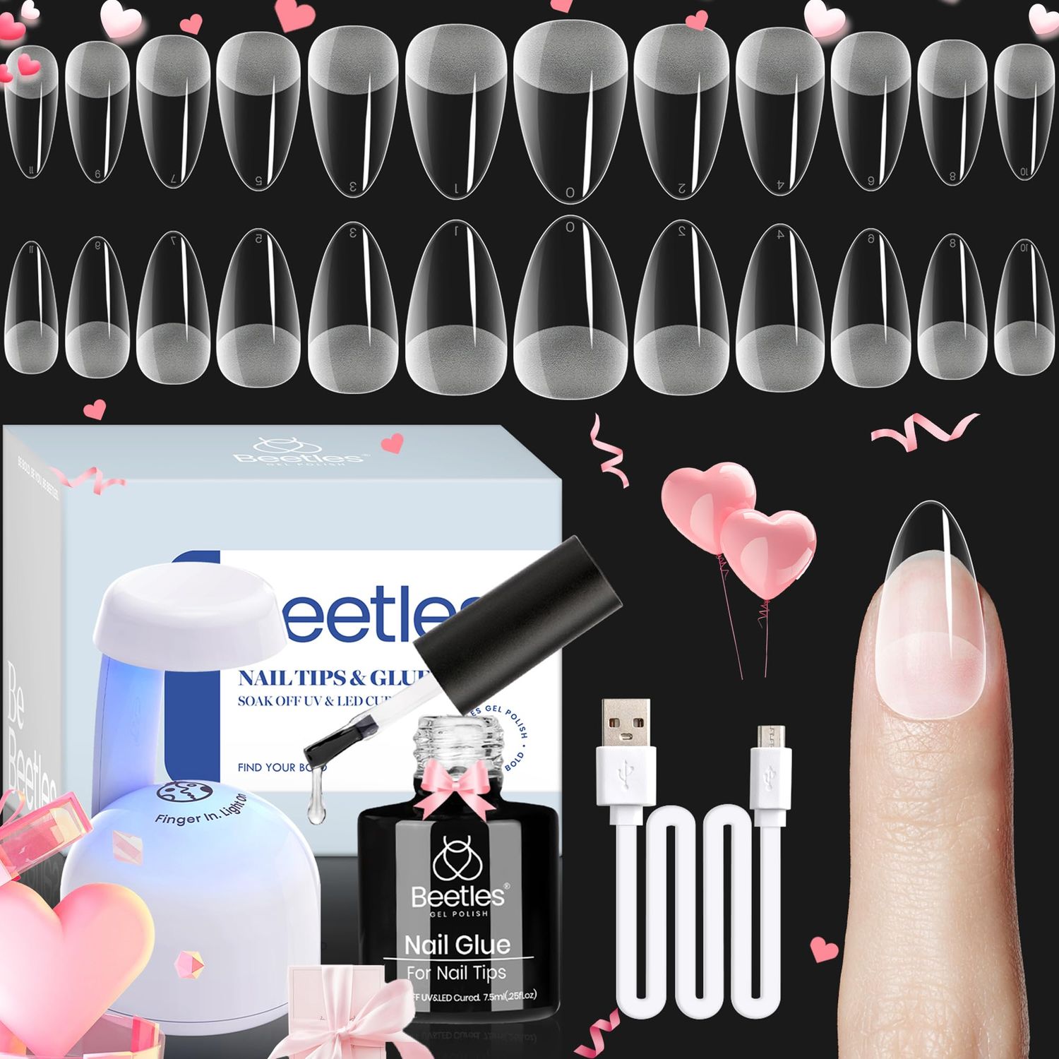 Beetles Gel Nail Kit Almond 504Pcs Beetles Gel Nail Kit Easy Nail Extension Set Etch X Nail Tips Short Medium Almond Half Matte Nail Tips 5 in 1 Nail Glue Uv Led Nail Valentines Day Gifts for Women