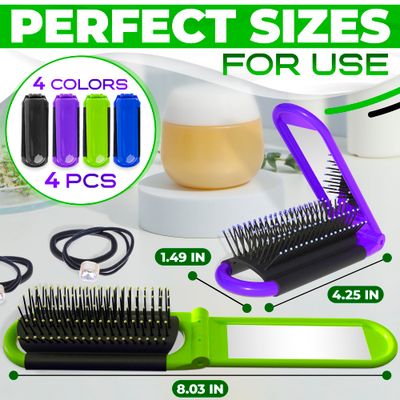 4 Pack Folding Hair Brush - Travel Hair Brush Foldable Brush for Purse Travel Brush for Women - Folding Brush with Mirror Travel Brushes for Hair