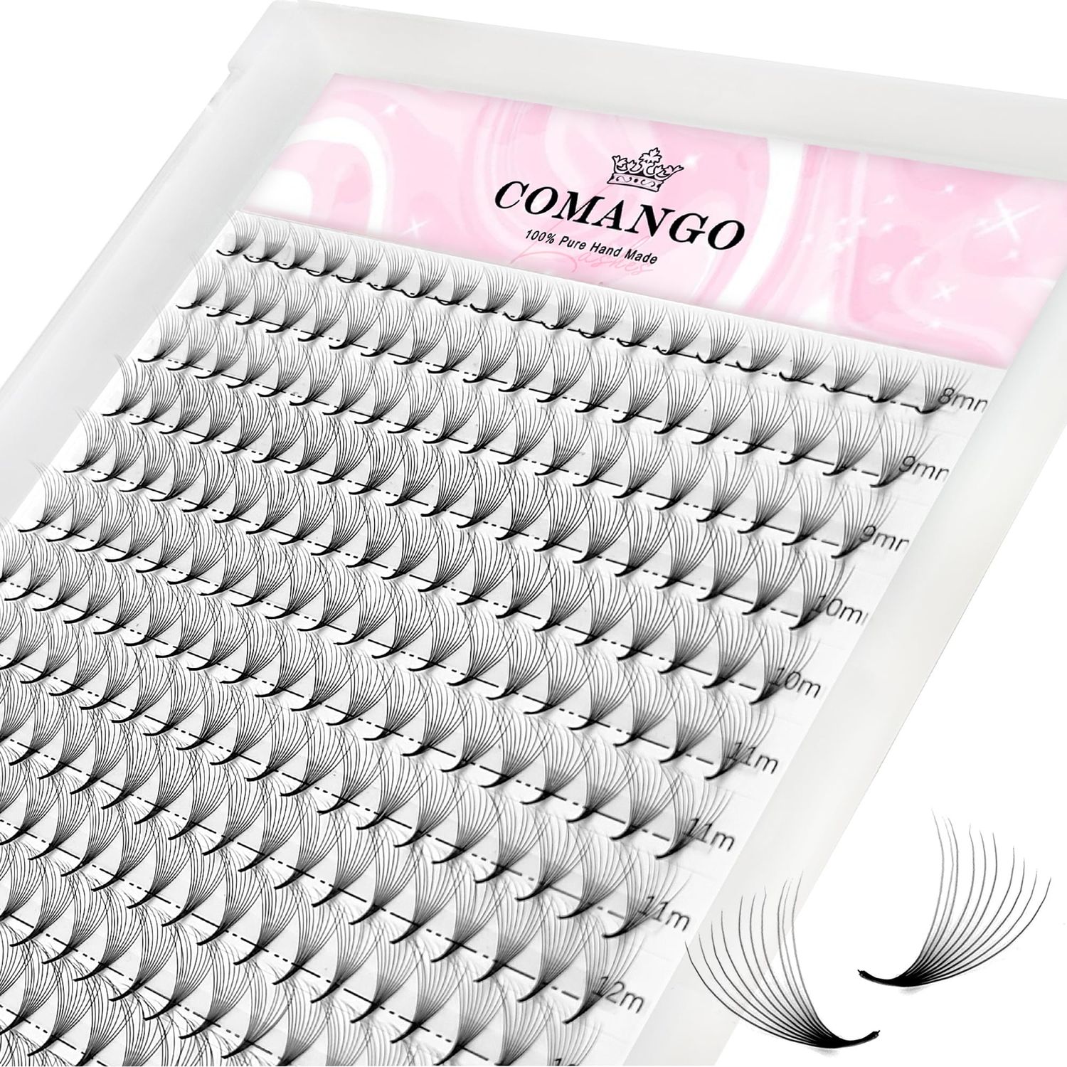 CoMango 300Fans Premade Fans Eyelash Extensions 3D 6D 10D 12D 14D 16D 0.050.07 Thickness CD Curl Middle Stem Heat Bonded Premade Fans Volume Lash Extensions (300Fans-10D-0.07-C-8-15MIX)