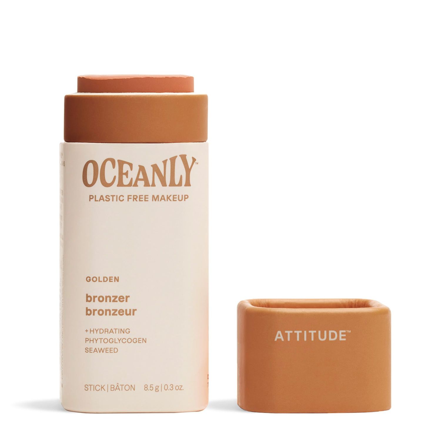 ATTITUDE Oceanly Plastic-Free Lightweight Bronzer Stick, Titanium Dioxide-Free, EWG Verified, Vegan &amp; Cruelty-free Makeup, Golden, 0.3 Ounces