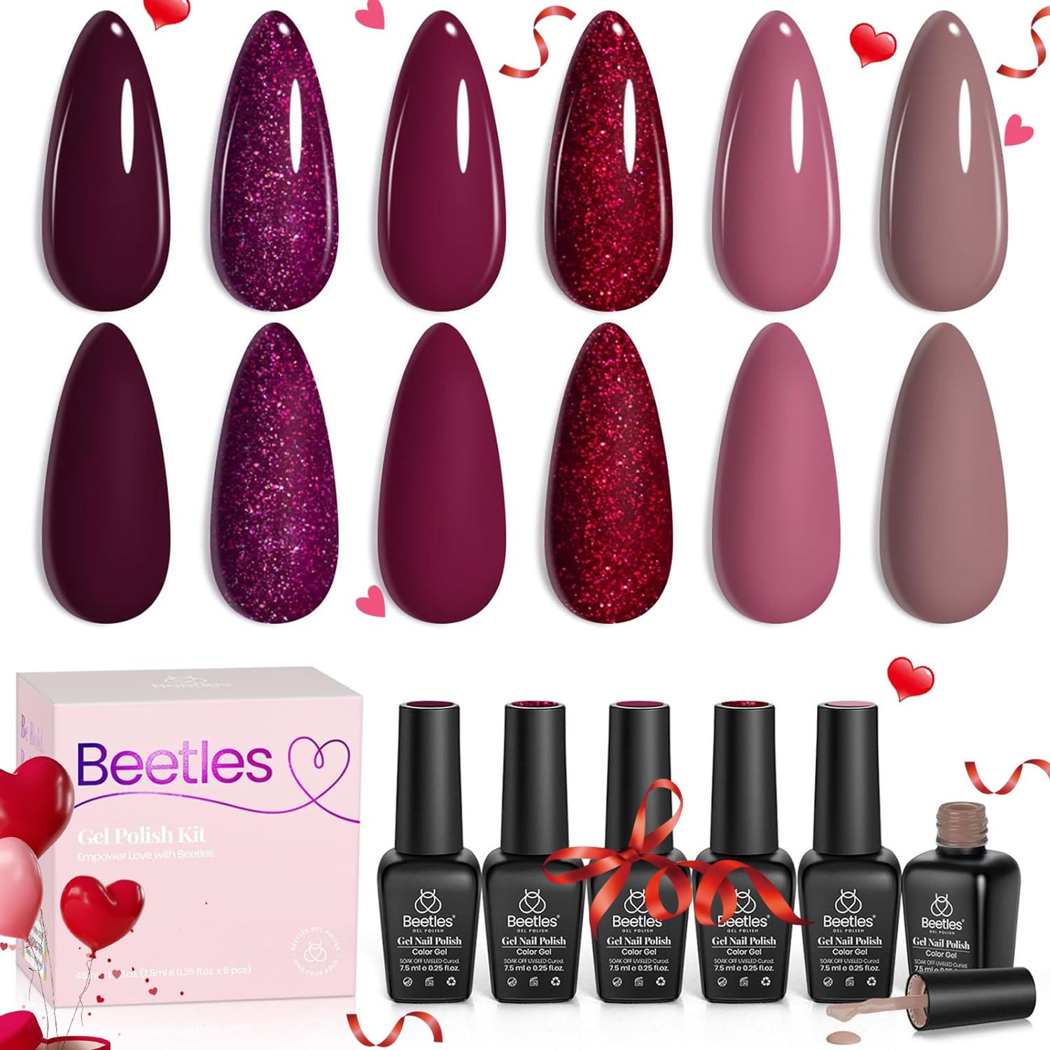 Beetles Gel Nail Polish, 6 Colors Red Burgundy Red Glitter Pink Purple Glitter Gel Polish Berry Merlot Collection Soak off Uv LED Cured Nail Art Design Salon Home Valentine&#39;s Day Gift for Women