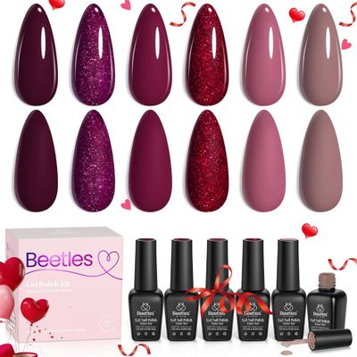 Beetles Gel Nail Polish, 6 Colors Red Burgundy Red Glitter Pink Purple Glitter Gel Polish Berry Merlot Collection Soak off Uv LED Cured Nail Art Design Salon Home Valentine&#39;s Day Gift for Women