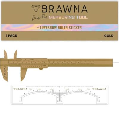 BRAWNA Brow Pro Measuring Tool with 1 Eyebrow Ruler Sticker - Double Scale Eyebrow Ruler for Microblading, Brow &amp; Makeup Artists - Eyebrow Caliper Ruler Plastic- Gold