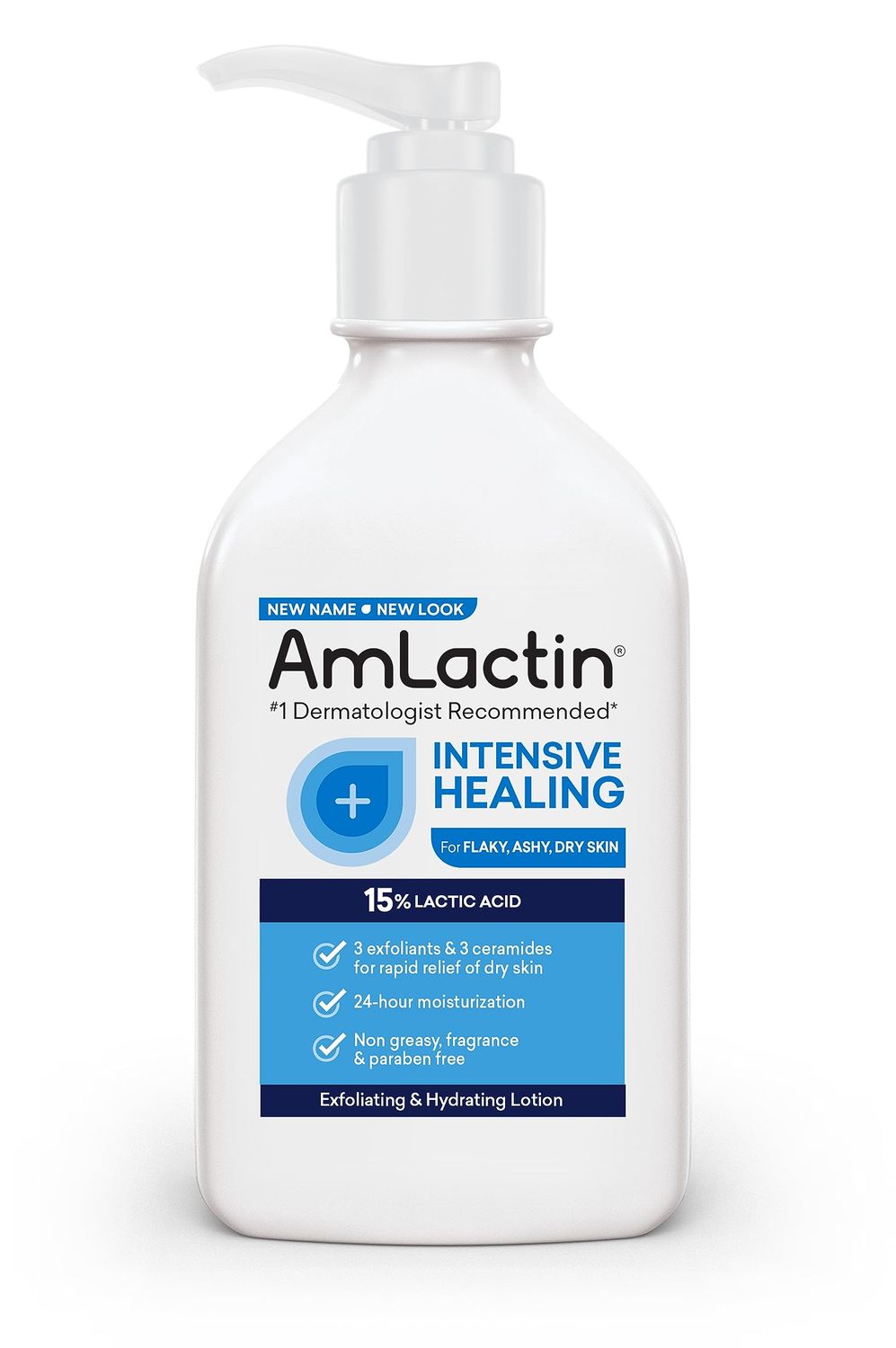 AmLactin Intensive Healing Body Lotion for Dry Skin - 7.9 oz Pump Bottle - 2-in-1 Exfoliator and Moisturizer with Ceramides and 15% Lactic Acid for 24-Hour Relief from Dry Skin (Packaging May Vary)