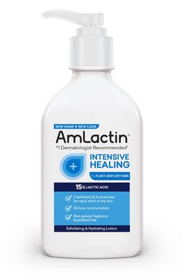 AmLactin Intensive Healing Body Lotion for Dry Skin - 7.9 oz Pump Bottle - 2-in-1 Exfoliator and Moisturizer with Ceramides and 15% Lactic Acid for 24-Hour Relief from Dry Skin (Packaging May Vary)