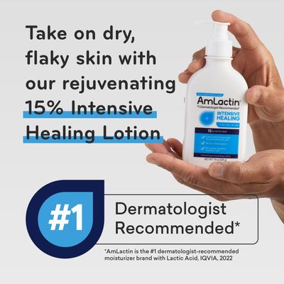 AmLactin Intensive Healing Body Lotion for Dry Skin - 7.9 oz Pump Bottle - 2-in-1 Exfoliator and Moisturizer with Ceramides and 15% Lactic Acid for 24-Hour Relief from Dry Skin (Packaging May Vary)