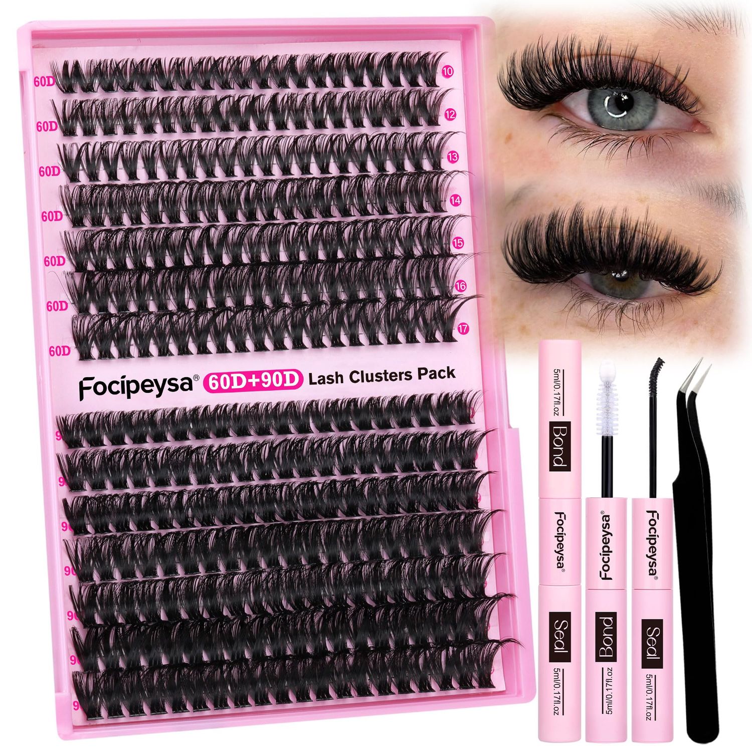 Focipeysa Fluffy Lash Clusters Kit 60D 90D Eyelash Extension Kit DIY Cluster Eyelashes Kit 10-17mm C Curl Eyelash Clusters with 280pcs Individual Lash Extension Lash Bond and Seal Lash Tweezers