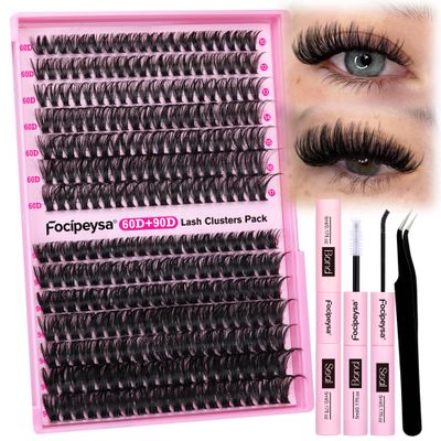 Focipeysa Fluffy Lash Clusters Kit 60D 90D Eyelash Extension Kit DIY Cluster Eyelashes Kit 10-17mm C Curl Eyelash Clusters with 280pcs Individual Lash Extension Lash Bond and Seal Lash Tweezers