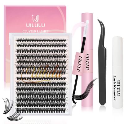 UILULU DIY Lash Extension Kit 280pcs Individual Lashes Clusters D Curl Lash Clusters, Lash Kit with Lash Bond and Seal, Remover, Lash Tweezers (30D40D-0.07D-9-16MM Kit)