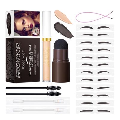 Eyebrow Stamp Stencil Kit, Eyebrow Definer Powder Stamp Makeup with Eyebrow Concealer and 12 Reusable Stencils, Long Lasting Waterproof for Perfect Brow (03# Dark Brown)