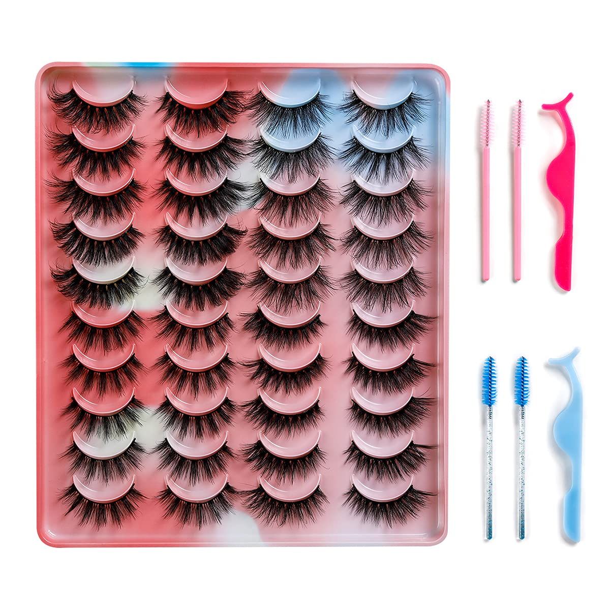 Beautykaisen 20 Pair PACK 3D False Eyelashes Mix 4 styles Cross Fluffy Natural Look with Tweezers and Brushes, black