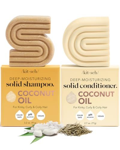 Kitsch Deep Moisturizing Coconut Oil Shampoo and Conditioner Set for Dry Damaged Hair, Hydrating &amp; Nourishing Solid Bar for Kinky, Curly &amp; Coily Hair, Color Treated Hair Safe, Sulfate &amp; Paraben-free