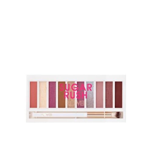 FLOWER BEAUTY By Drew Barrymore Shimmer  Shade Eyeshadow Palette - Neutral Colors  Ten Shades - Mix  Layers Shades - Easily Blendable  Rich Color Payoff - Brush Included (Sugar Rush)