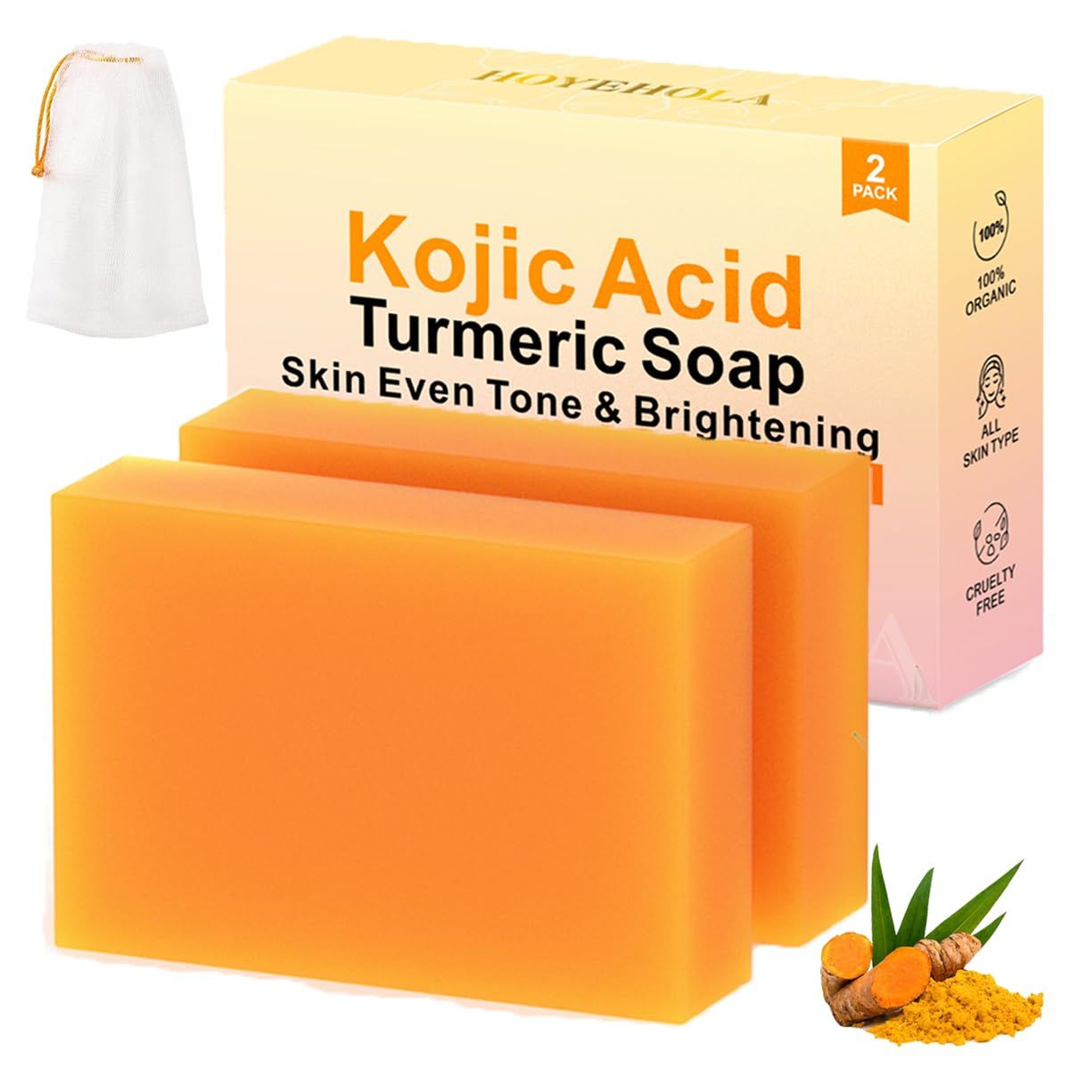 HOYEHOLA Kojic Acid Turmeric Soap Bar - Dark Spot Remover for Face Even Skin Tone, Moisturizing &amp; Nourishing Natural Ingredients 2Pack