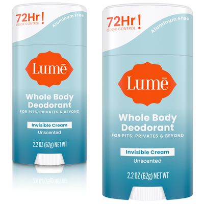 Lume Whole Body Deodorant - Invisible Cream Stick - 72 Hour Odor Control - Aluminum Free, Baking Soda Free, Skin Safe - 2.2 Ounce (Pack of 2) (Unscented)