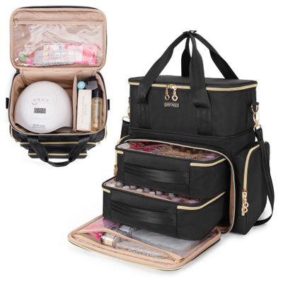 BAFASO Double Layer Nail Polish Organizer Holds 70 Bottles (15ml - 0.5 fl.oz) and a Nail Dryer, Nail Polish Case with 2 Removable Pouches and Tools Storage Sections (Patented), Black