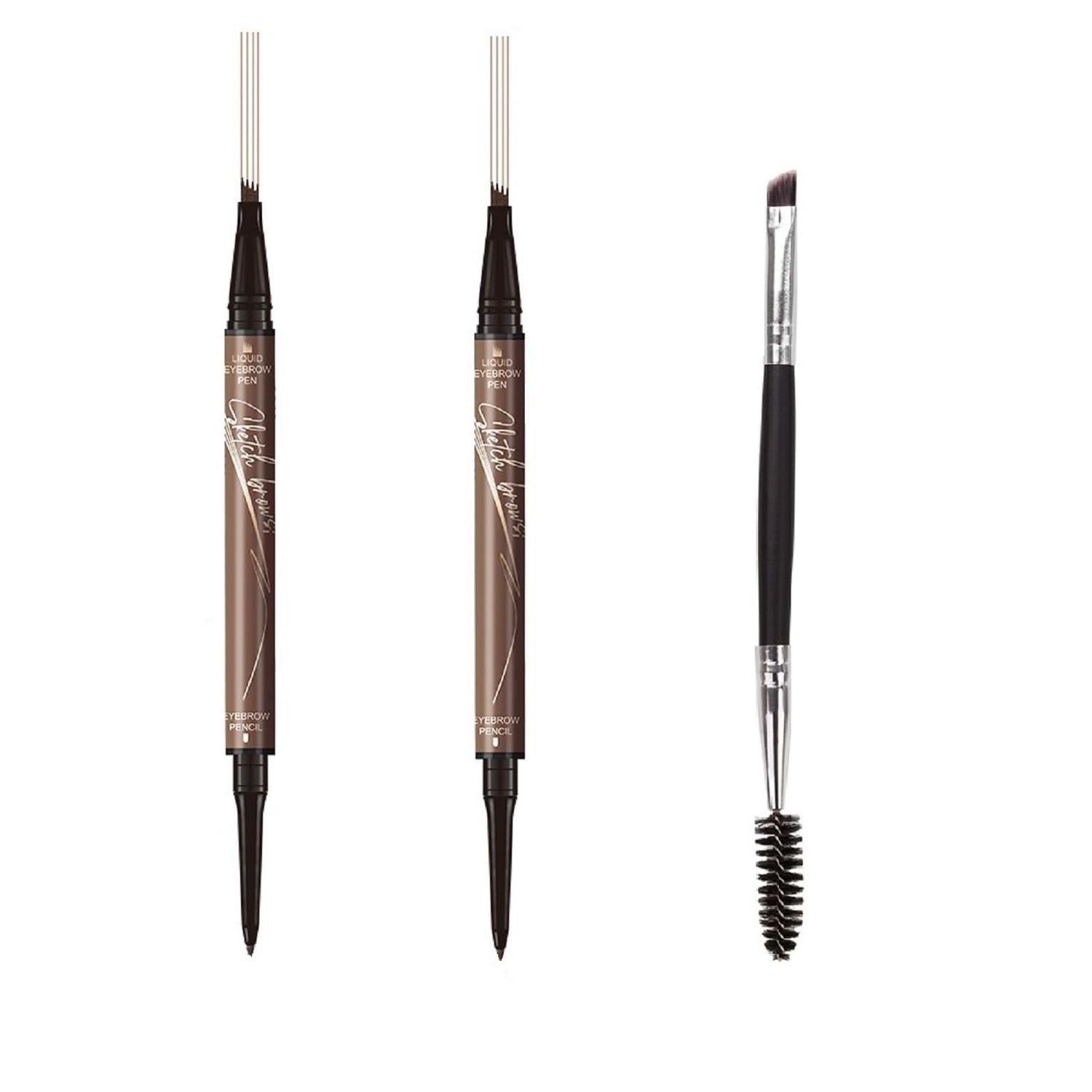 2 Packs 2-in-1 Dual-Ended Waterproof Eyebrow Pencil with 4-Fork-Tip Brow Pen and Precise Brow Pencil Create Natural Hair-Like Brows, with Dual-ended Eyebrow Brush (2# Brown)
