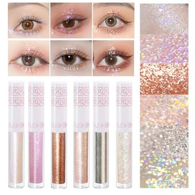 6Pcs Liquid Glitter Eyeshadow Eyeliner, Korean Makeup, Bling Under Eye Shadow, Shimmer Eye Make Up Valentine&#39;s Day Gift Set,Long Lasting,Quick Drying &amp; Pigmented Loose Glitter Glue for Crystals Makeup