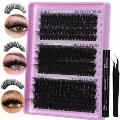 Lash Extension Kit 14-24mm Fluffy Lash Clusters Kit 60D80D100D Thick Volume Eyelash Extension Kit D Curl DIY Individual Lashes 3 Style Lashes with Waterproof Lash Bond and Seal and Tweezers