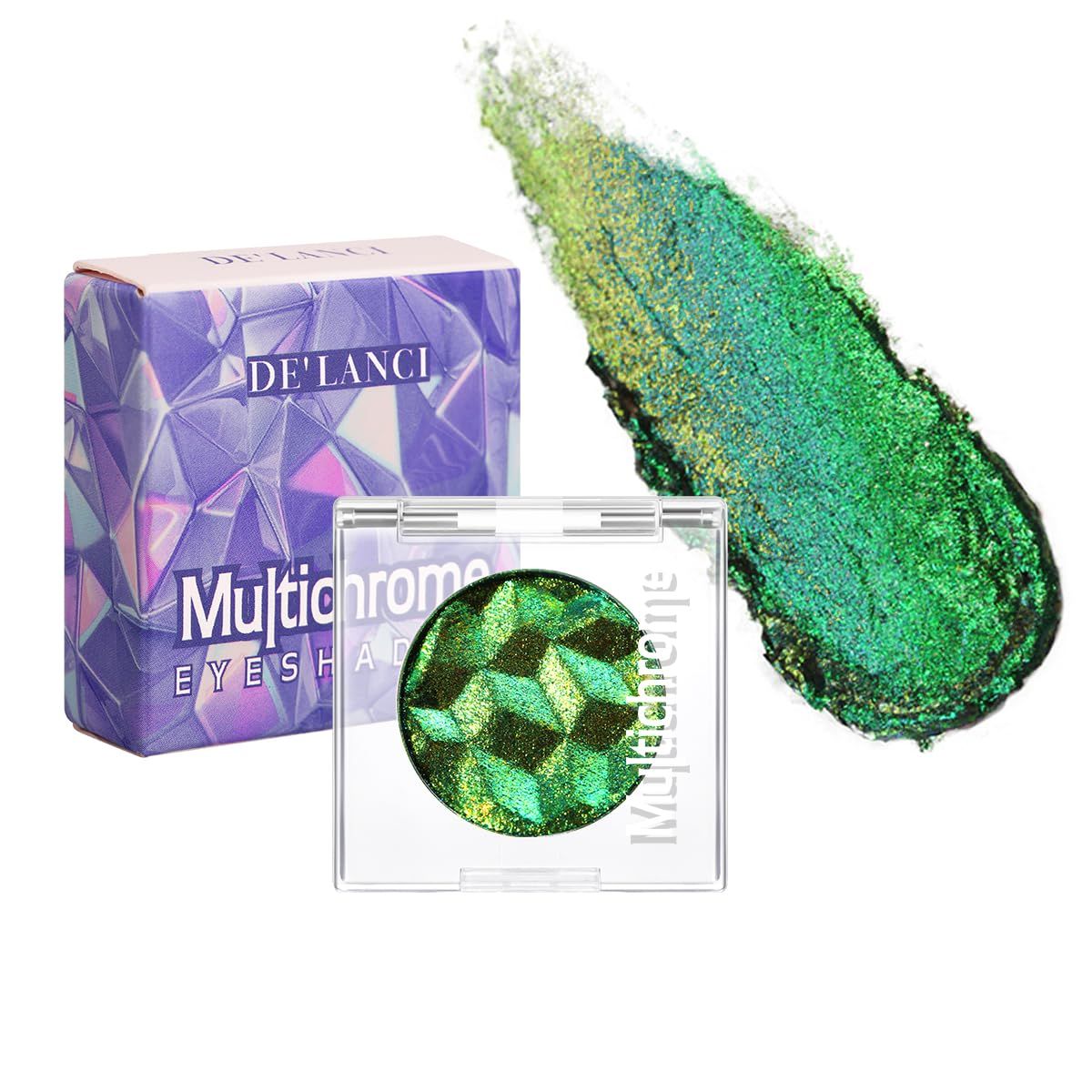 DELANCI Chameleon Multichrome Green Eyeshadow Pigmented, Single Gold Green Glitter Eyeshadow Palette Creates High-Impact, Holographic Chrome Eyeshadow Sparkly Green Eyes Makeup Insane Shifting