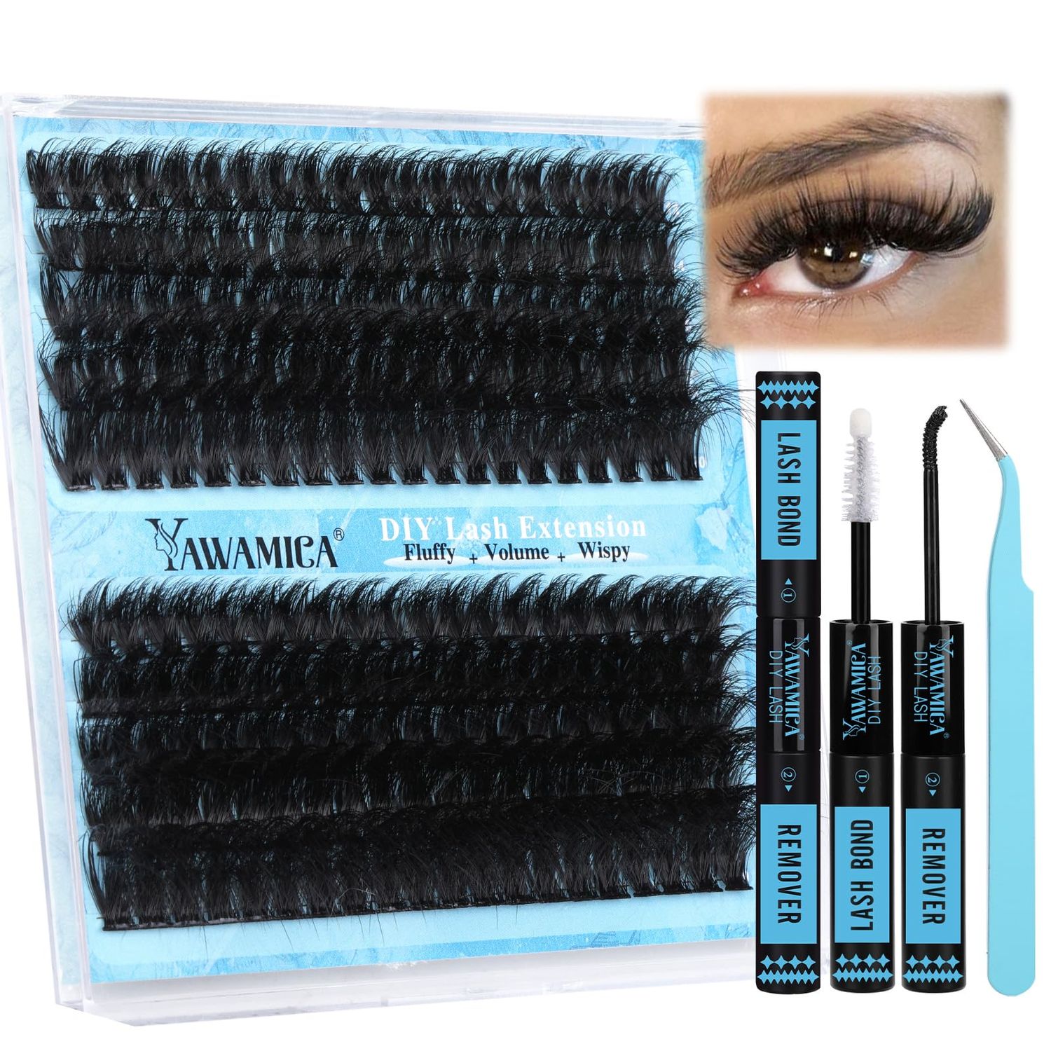 Yawamica Lash Extension Kit Fluffy 150D200D Lash Clusters Eyelash Extension Kit 12-20mm Individual Lashes with Lash Bond, Lash Remover, Lash Applicator for DIY Lashes Extension(150D200D-12-20MM Kit)