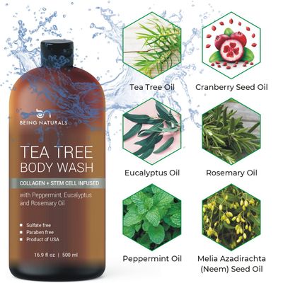Tea Tree Body Wash -w Stem Cell, Collagen & TeaTree Oil Fights Body Odor, Acne, Athletes Foot, Jock Itch, Dandruff, Eczema, Yeast Infection, Shower Gel for Women & Men, Skin Cleanser 16.9 oz