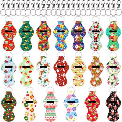 Duufin 20 Pcs Christmas Chapstick Holder Keychain Bulk with 20 Pcs Metal Clip Cords Lipstick Holder Chapstick Keyring Holder
