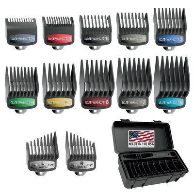 Wahl Genuine SECURE-SNAP Guide Comb Set with Colored Metal Clips and Guard Organization Caddy, 12 Full Size Attachment Guards from 116 to 1 for Increased Cutting Performance Grey - 3291-300