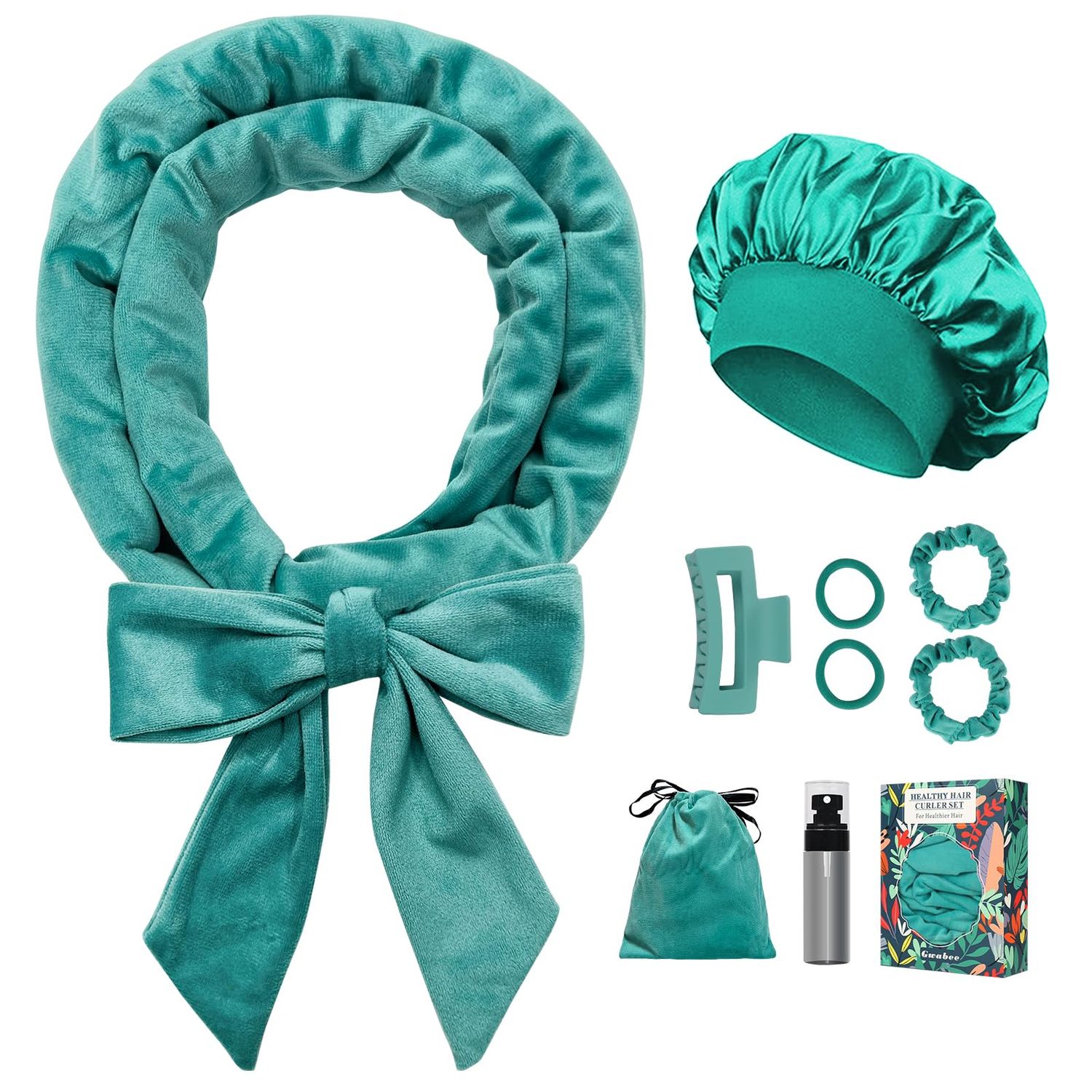 Gwabee No Heat Overnight Curl Headband, 70&quot; Soft Ribbon Wrap for Long Hair, 9 PCS Hair Curling Rods Set - Blue Green