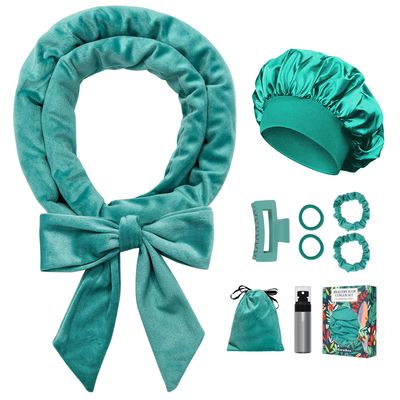 Gwabee No Heat Overnight Curl Headband, 70&quot; Soft Ribbon Wrap for Long Hair, 9 PCS Hair Curling Rods Set - Blue Green