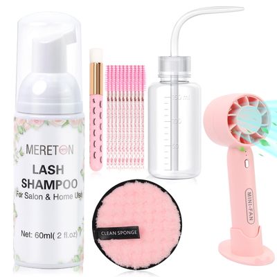 MERETON Lash Shampoo Kit 60 ml Lash Shampoo for Lash Extensions Lash Extension Cleanser 6 in 1 Eye Lash Cleansing Foam for Lash Clusters with Lash Wash, Lash Fan, Makeup Pad, Rinse Bottle, Lash Brush