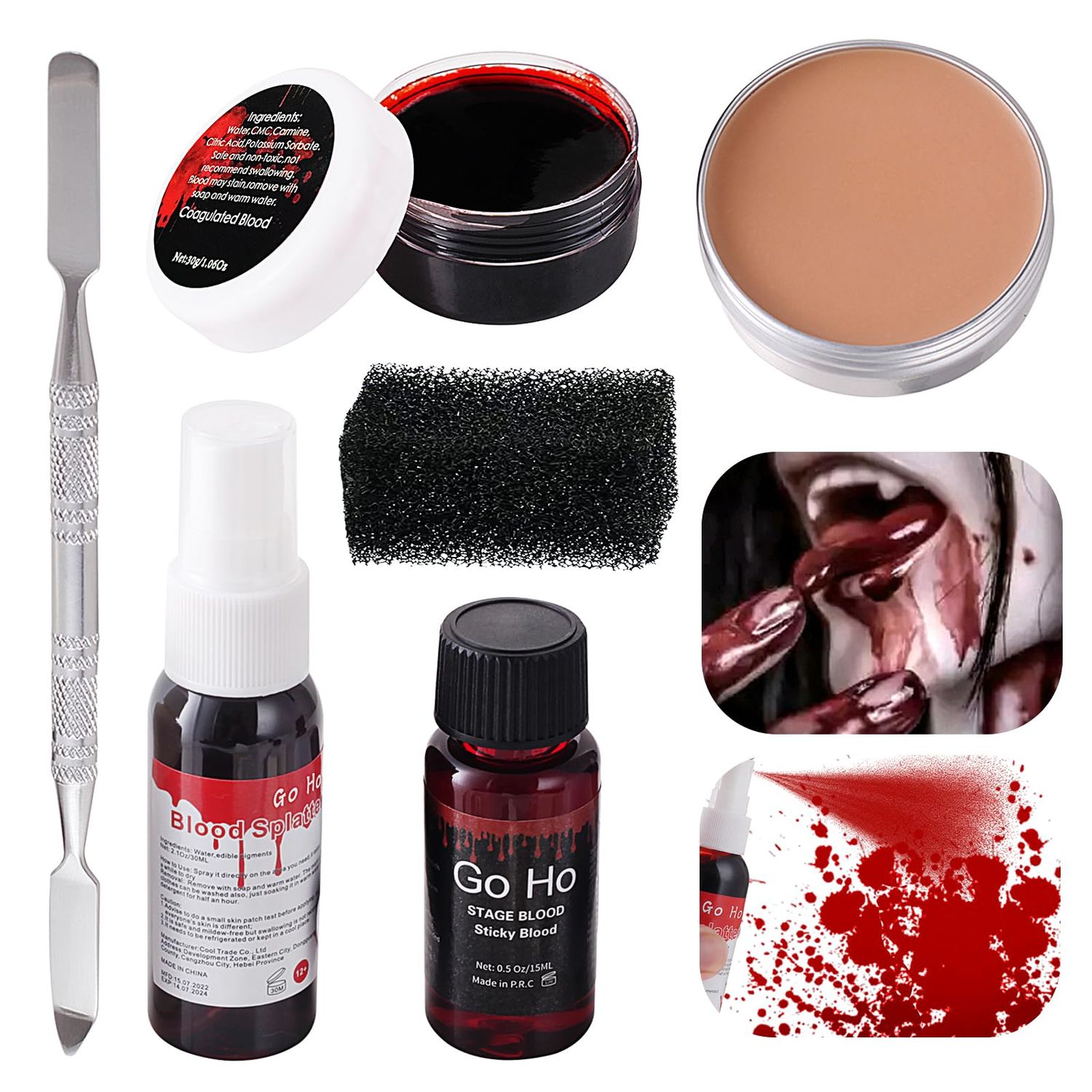 Go Ho Halloween Makeup Kit,Scar Wax Blood Splatter Sticky Edible Blood Coagulated Blood Gel and Sponges for SFX Cosplay Vampire Zombie Makeup