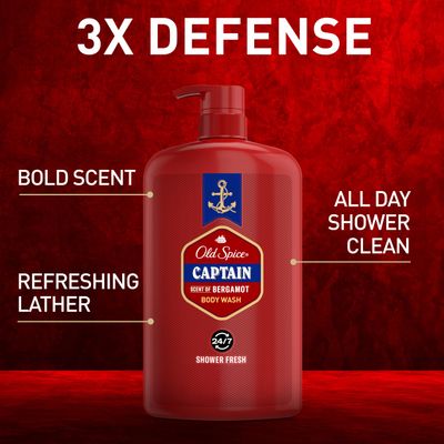 Old Spice Men's Body Wash, 247 Shower Fresh with Lasting Scent, 3x Defense, Red Collection, Captain with Bergamot Scent, 33.4 fl oz