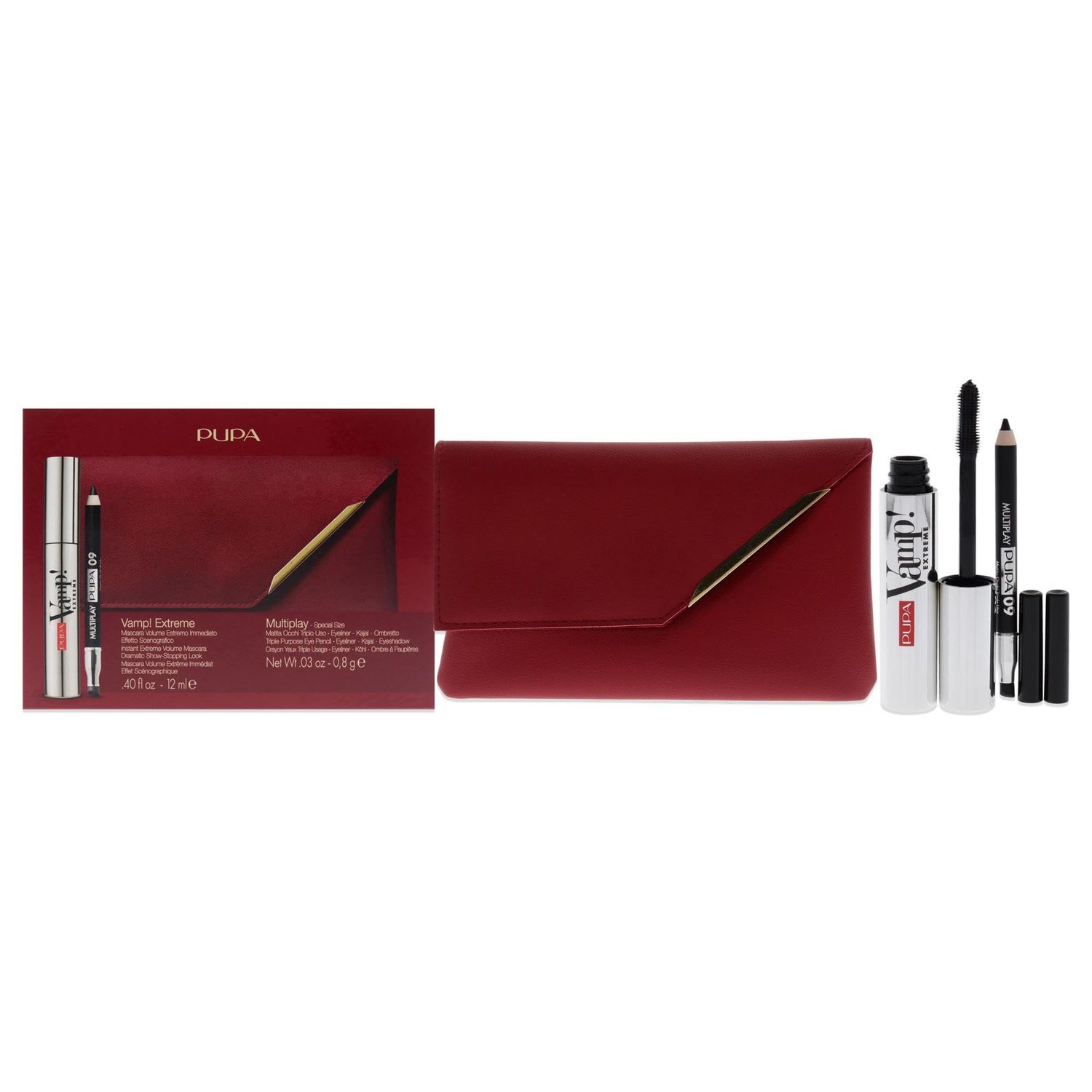 Pupa Milano Vamp! Extreme And Multiply Set - Volume Mascara And Triple Purpose Eye Pencil - Thick And Super Dense Lashes - Highly Pigmented And Lightweight - Envelope Clutch Bag - 3 Pc Mascara Kit